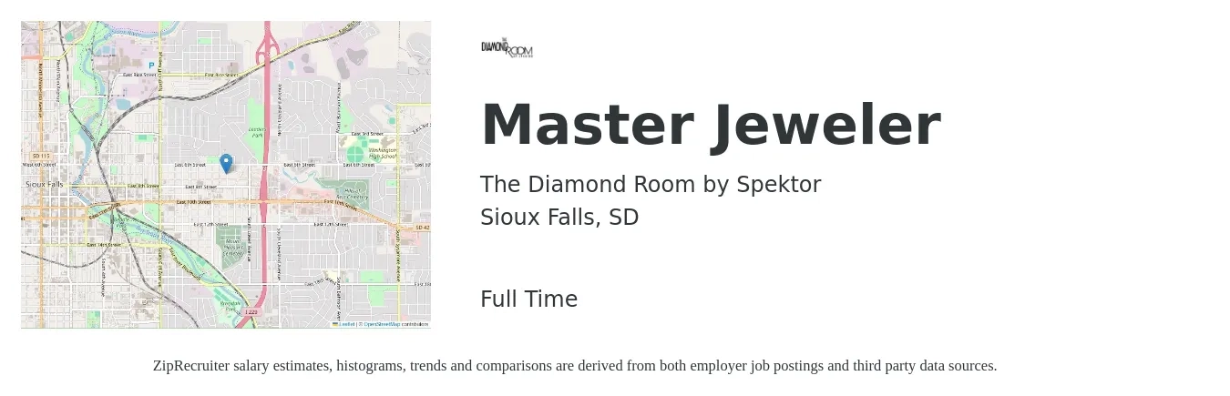 The Diamond Room by Spektor job posting for a Master Jeweler in Sioux Falls, SD with a salary of $17 to $20 Hourly with a map of Sioux Falls location.