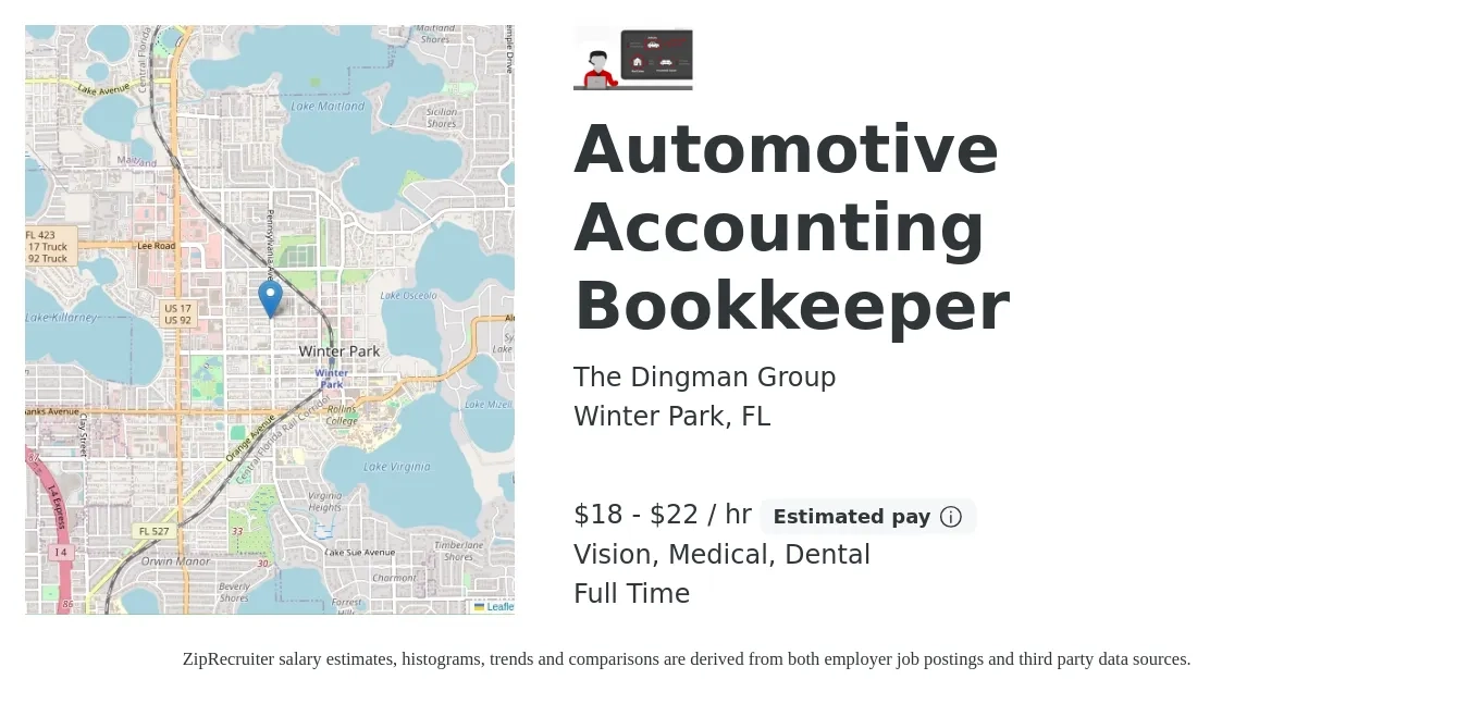 The Dingman Group job posting for a Automotive Accounting Bookkeeper in Winter Park, FL with a salary of $19 to $23 Hourly and benefits including dental, life_insurance, medical, pto, retirement, and vision with a map of Winter Park location.