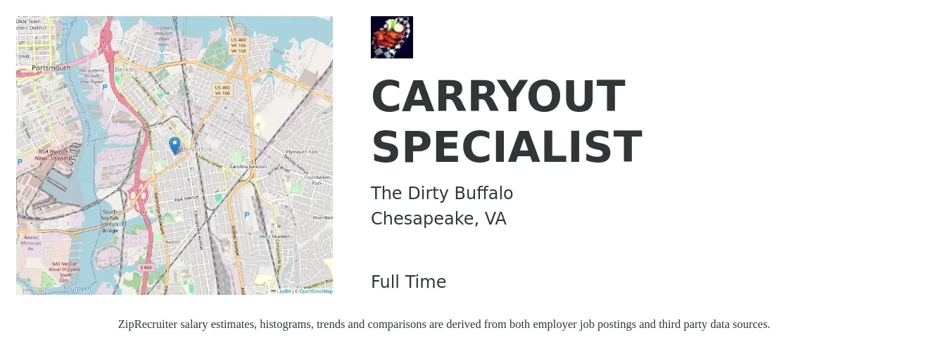 The Dirty Buffalo job posting for a CARRYOUT SPECIALIST in Chesapeake, VA with a salary of $52,200 to $90,100 Yearly with a map of Chesapeake location.