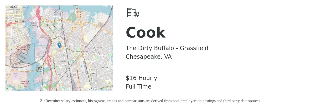 The Dirty Buffalo - Grassfield job posting for a Cook in Chesapeake, VA with a salary of $17 Hourly with a map of Chesapeake location.