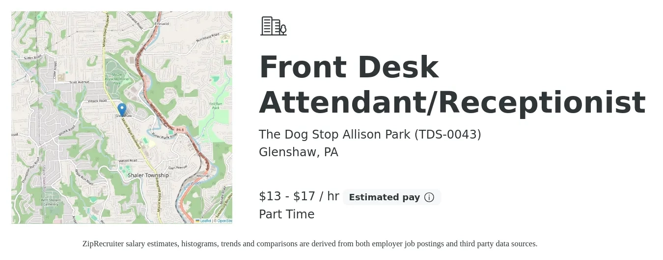 The Dog Stop Allison Park (TDS-0043) job posting for a Front Desk Attendant/Receptionist in Glenshaw, PA with a salary of $14 to $18 Hourly with a map of Glenshaw location.