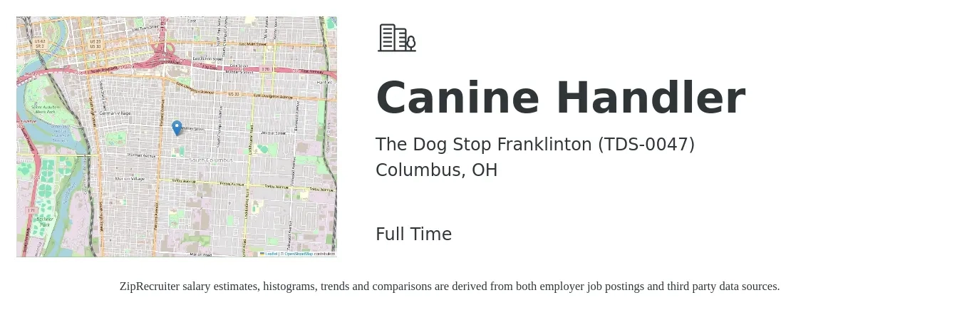The Dog Stop Franklinton (TDS-0047) job posting for a Canine Handler in Columbus, OH with a salary of $12 to $16 Hourly with a map of Columbus location.