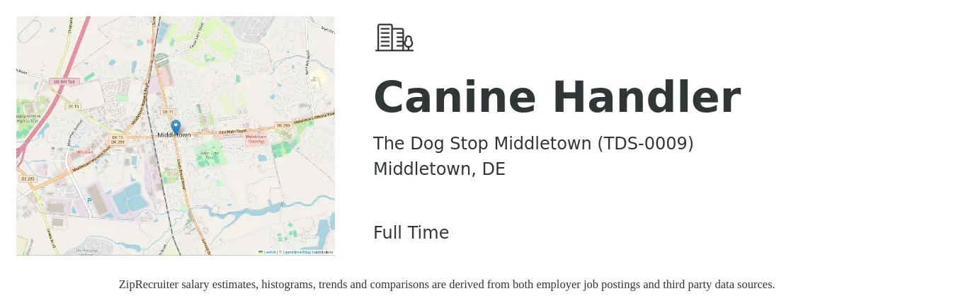 The Dog Stop Middletown (TDS-0009) job posting for a Canine Handler in Middletown, DE with a salary of $14 Hourly with a map of Middletown location.