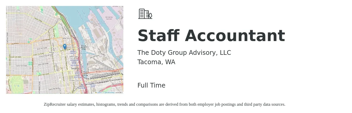 The Doty Group Advisory, LLC job posting for a Staff Accountant in Tacoma, WA with a salary of $50 Hourly with a map of Tacoma location.