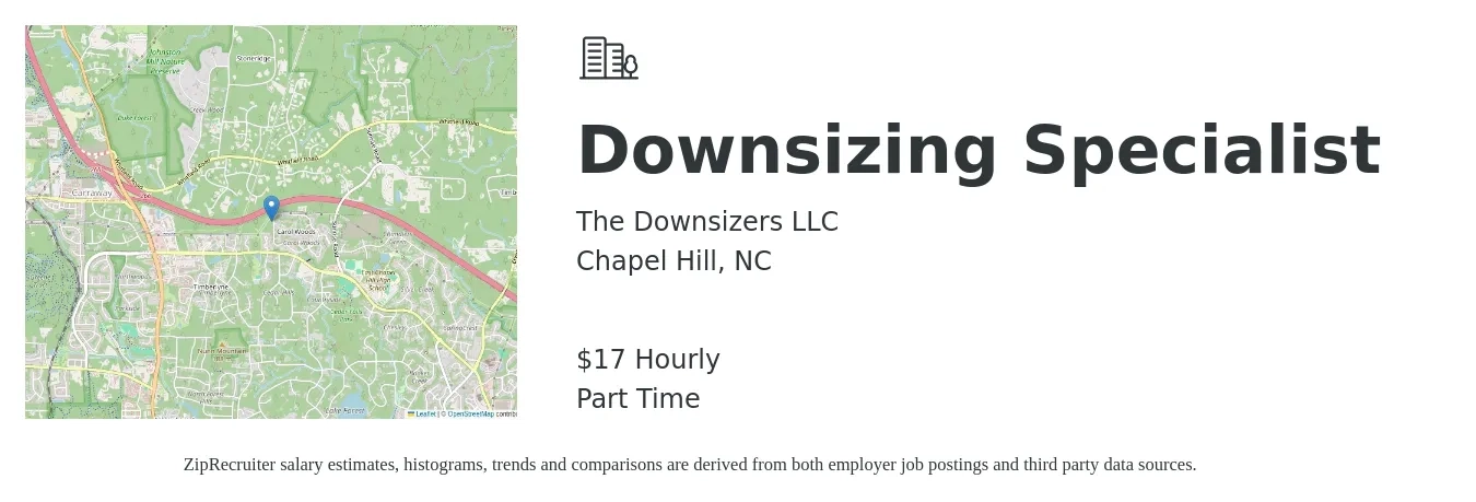 The Downsizers LLC job posting for a Downsizing Specialist in Chapel Hill, NC with a salary of $17 Hourly with a map of Chapel Hill location.