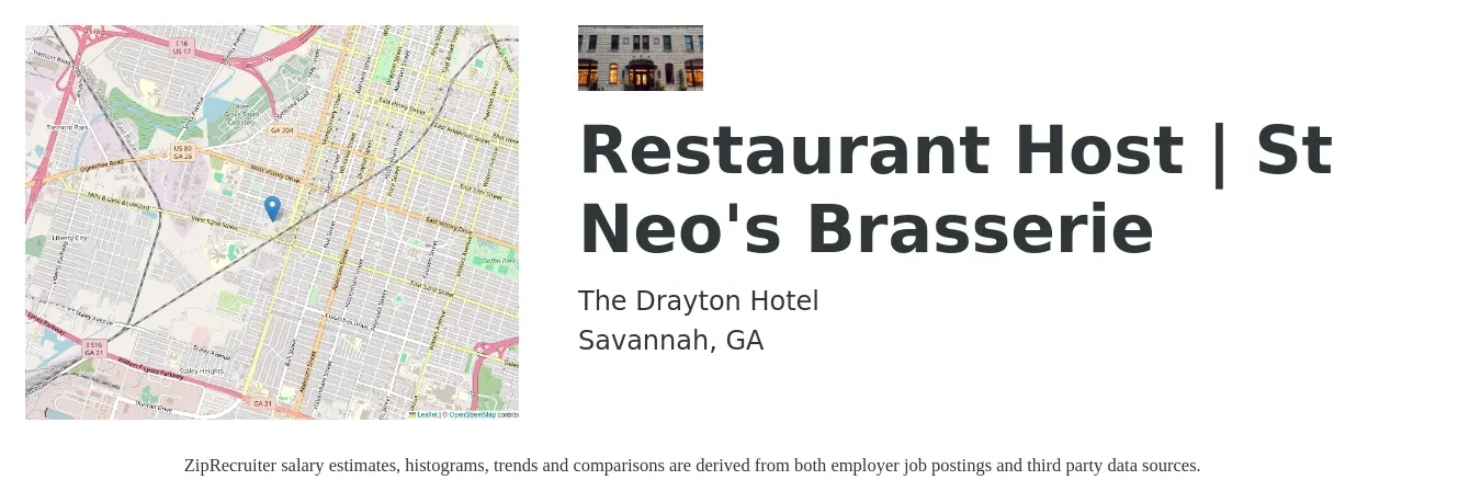 The Drayton Hotel job posting for a Restaurant Host | St Neo's Brasserie in Savannah, GA with a salary of $11 to $16 Hourly with a map of Savannah location.