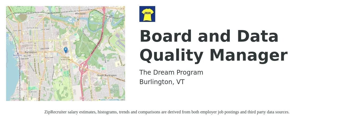 The Dream Program job posting for a Board and Data Quality Manager in Burlington, VT with a salary of $60,000 Yearly with a map of Burlington location.