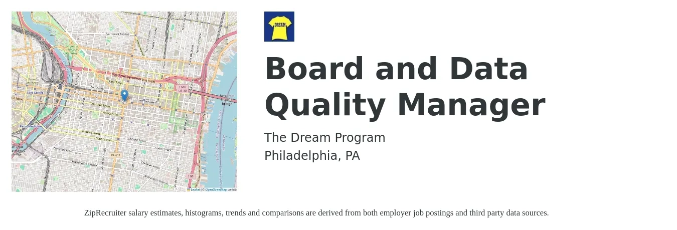 The Dream Program job posting for a Board and Data Quality Manager in Philadelphia, PA with a salary of $60,000 Yearly with a map of Philadelphia location.