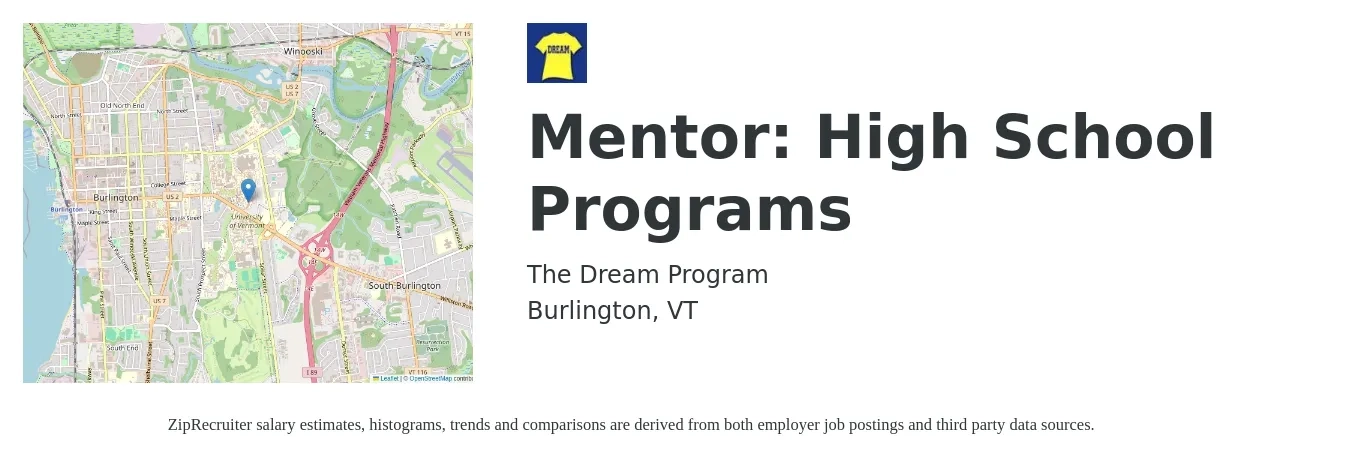 The Dream Program job posting for a Mentor: High School Programs in Burlington, VT with a salary of $38,400 to $63,600 Yearly with a map of Burlington location.