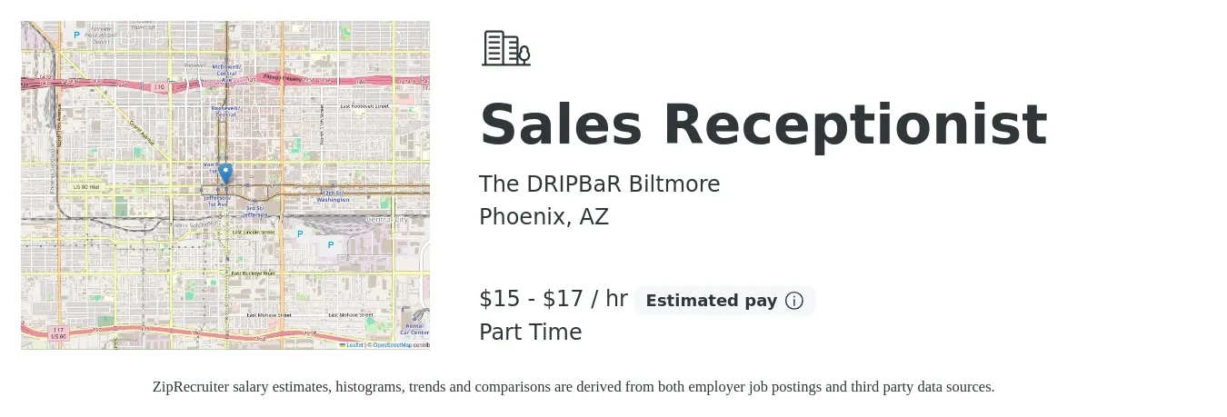 The DRIPBaR Biltmore job posting for a Sales Receptionist in Phoenix, AZ with a salary of $16 to $18 Hourly with a map of Phoenix location.