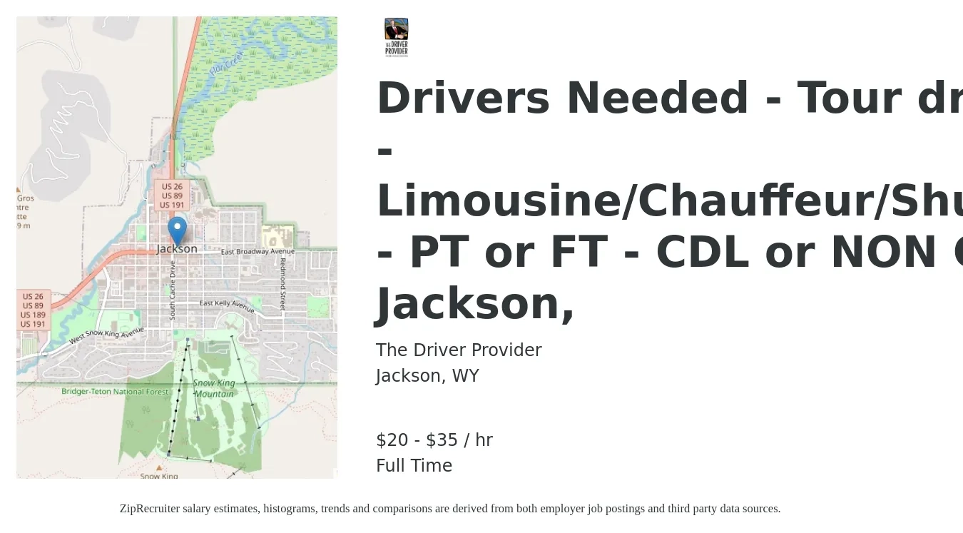The Driver Provider job posting for a Drivers Needed - Tour drivers - Limousine/Chauffeur/Shuttles - PT or FT - CDL or NON CDL - Jackson, in Jackson, WY with a salary of $21 to $37 Hourly with a map of Jackson location.