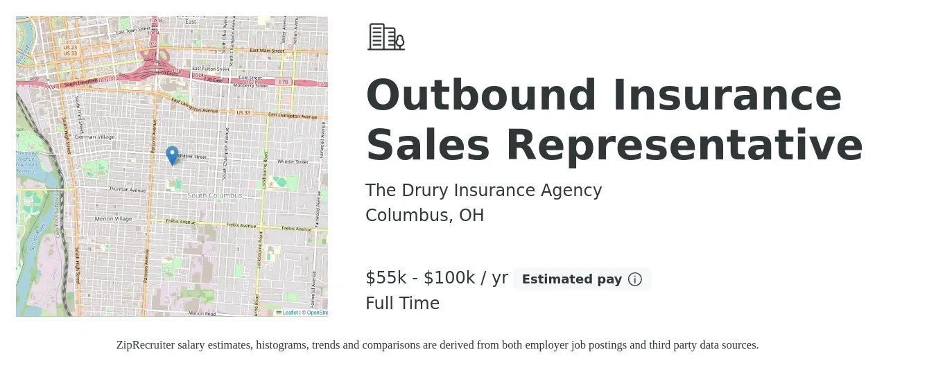 The Drury Insurance Agency job posting for a Outbound Insurance Sales Representative in Columbus, OH with a salary of $55,000 to $100,000 Yearly with a map of Columbus location.