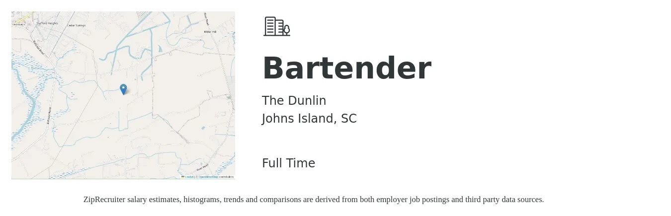The Dunlin job posting for a Bartender in Johns Island, SC with a salary of $10 to $18 Hourly with a map of Johns Island location.