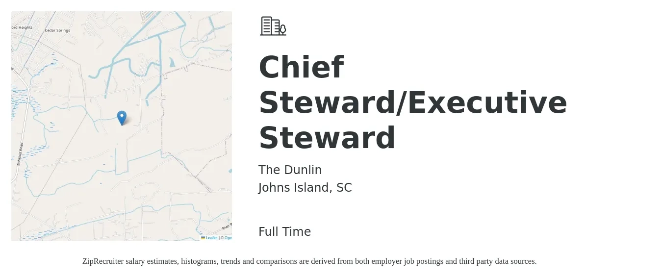 The Dunlin job posting for a Chief Steward/Executive Steward in Johns Island, SC with a salary of $18 to $34 Hourly with a map of Johns Island location.
