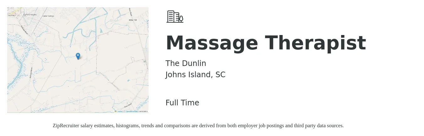 The Dunlin job posting for a Massage Therapist in Johns Island, SC with a salary of $22 to $44 Hourly with a map of Johns Island location.