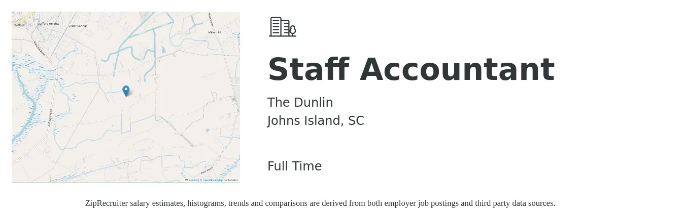 The Dunlin job posting for a Staff Accountant in Johns Island, SC with a salary of $52,900 to $69,700 Yearly with a map of Johns Island location.