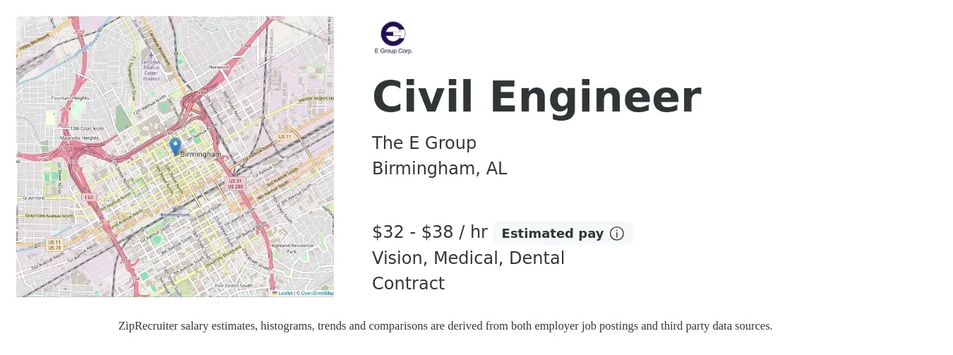 The E Group job posting for a Civil Engineer in Birmingham, AL with a salary of $34 to $40 Hourly and benefits including dental, medical, retirement, and vision with a map of Birmingham location.