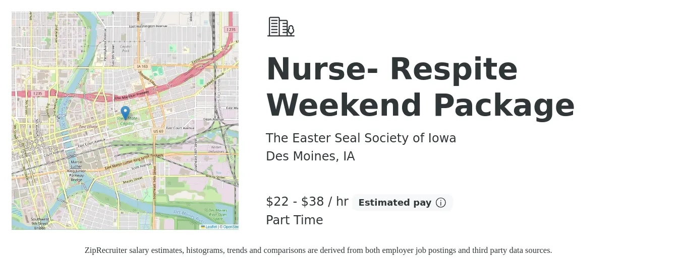 The Easter Seal Society of Iowa job posting for a Nurse- Respite Weekend Package in Des Moines, IA with a salary of $23 to $40 Hourly with a map of Des Moines location.