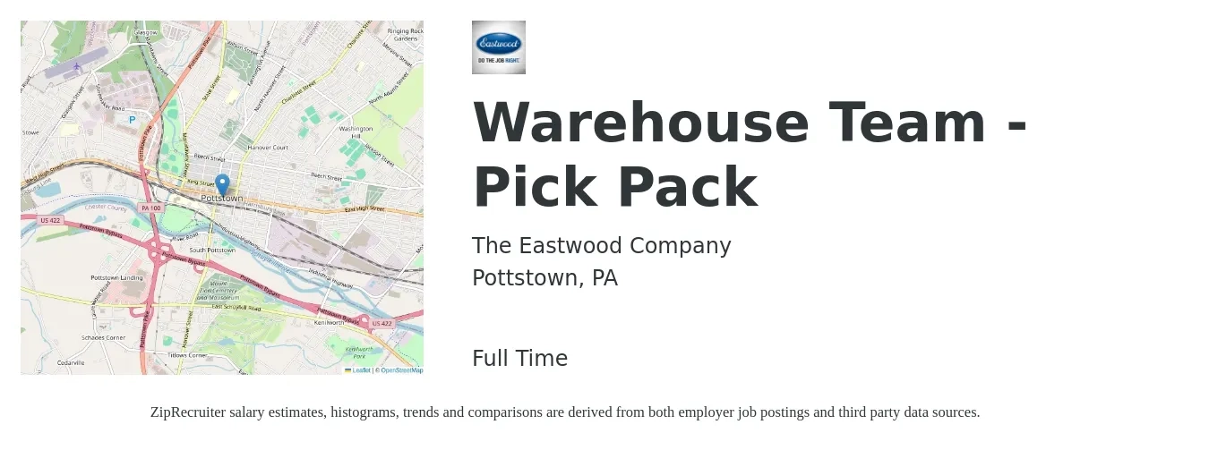 The Eastwood Company job posting for a Warehouse Team - Pick Pack in Pottstown, PA with a salary of $16 to $19 Hourly with a map of Pottstown location.