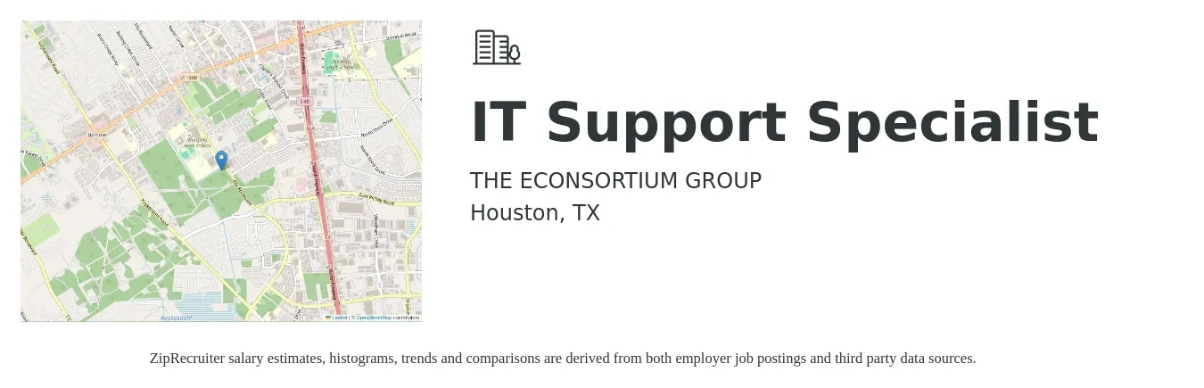THE ECONSORTIUM GROUP job posting for a IT Support Specialist in Houston, TX with a salary of $44,400 to $89,800 Yearly with a map of Houston location.