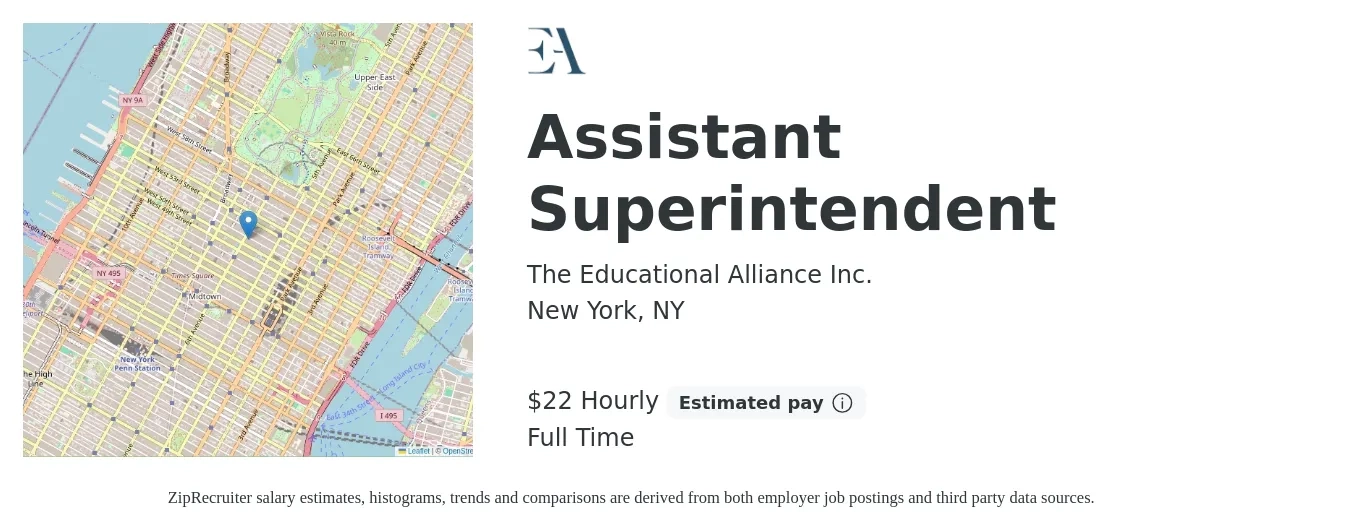 The Educational Alliance Inc. job posting for a Assistant Superintendent in New York, NY with a salary of $23 Hourly with a map of New York location.