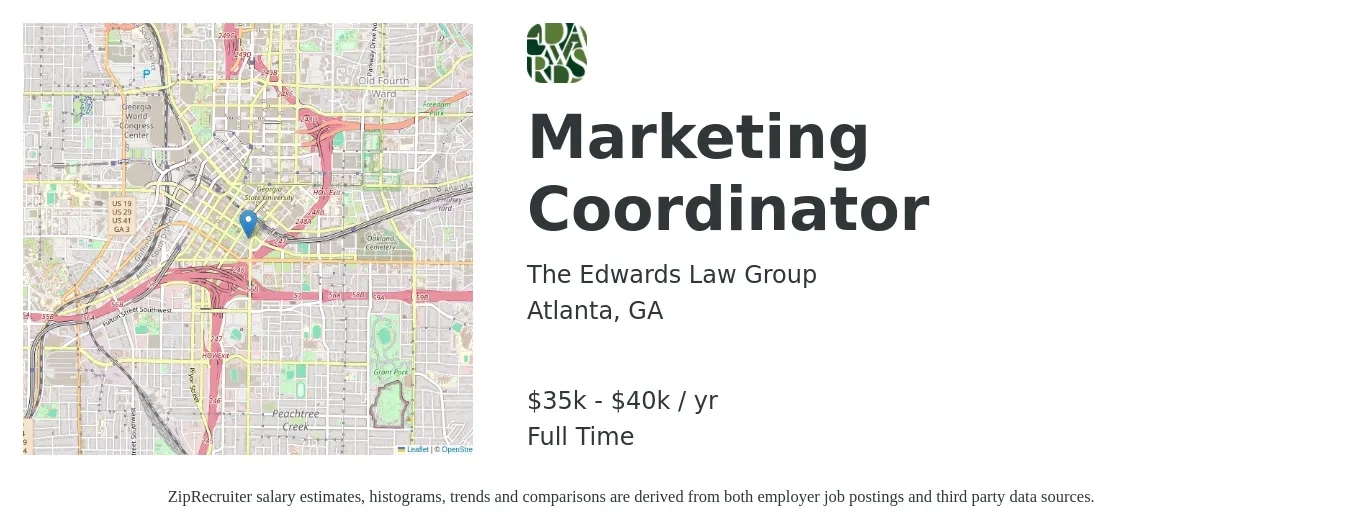 The Edwards Law Group job posting for a Marketing Coordinator in Atlanta, GA with a salary of $35,000 to $40,000 Yearly with a map of Atlanta location.