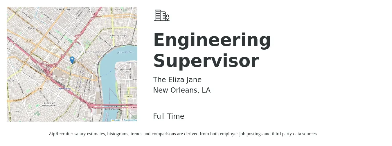 The Eliza Jane job posting for a Engineering Supervisor in New Orleans, LA with a salary of $110,700 to $164,400 Yearly with a map of New Orleans location.
