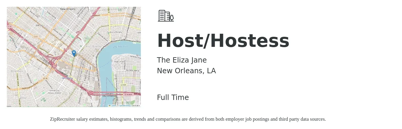The Eliza Jane job posting for a Host/Hostess in New Orleans, LA with a salary of $12 to $16 Hourly with a map of New Orleans location.