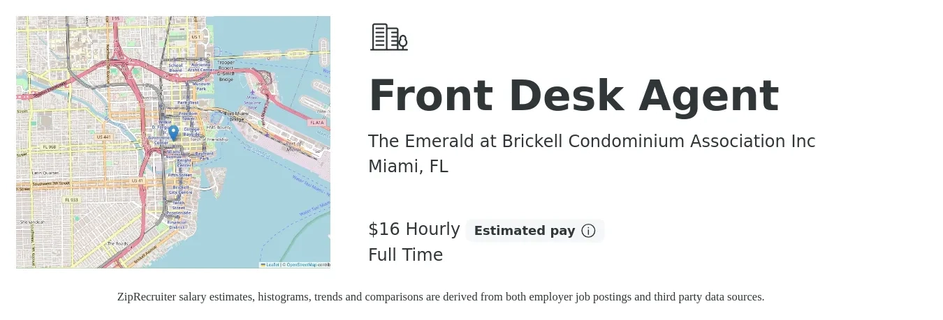 The Emerald at Brickell Condominium Association Inc job posting for a Front Desk Agent in Miami, FL with a salary of $17 Hourly with a map of Miami location.