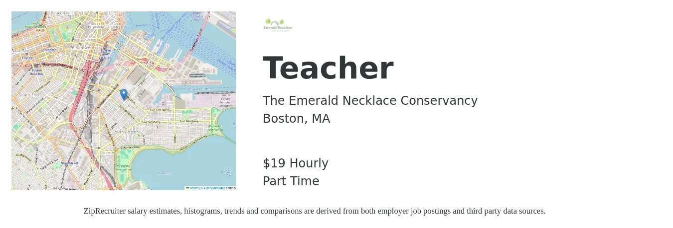 The Emerald Necklace Conservancy job posting for a Teacher in Boston, MA with a salary of $20 Hourly with a map of Boston location.