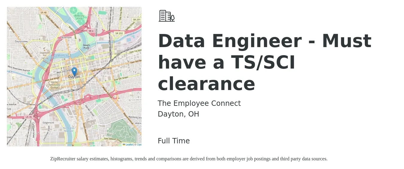 The Employee Connect job posting for a Data Engineer - Must have a TS/SCI clearance in Dayton, OH with a salary of $81,600 to $190,500 Yearly with a map of Dayton location.