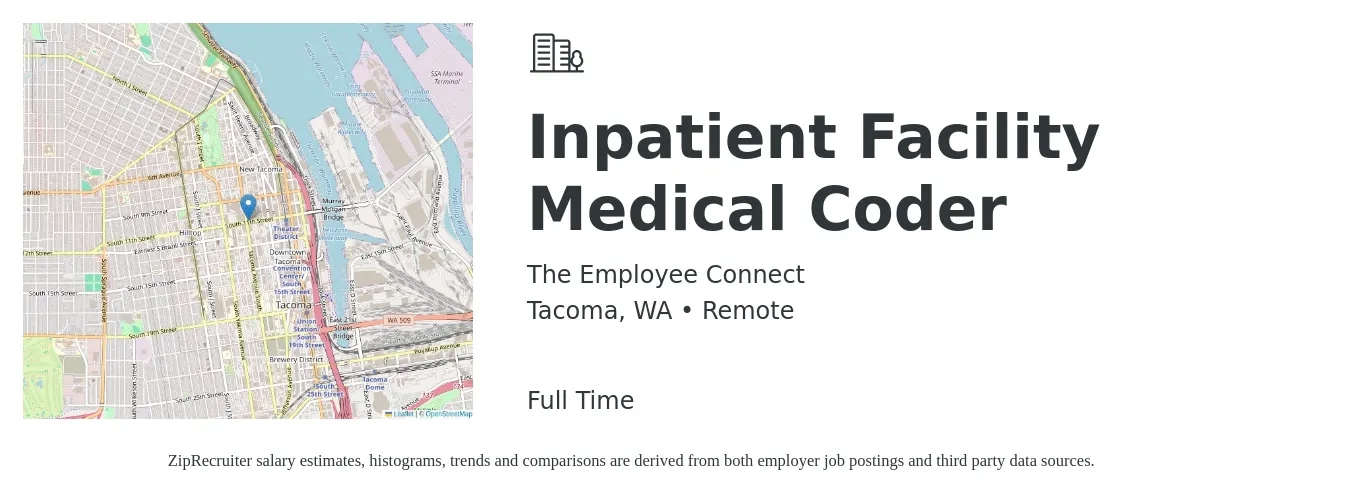 The Employee Connect job posting for a Inpatient Facility Medical Coder in Tacoma, WA with a salary of $20 to $27 Hourly with a map of Tacoma location.