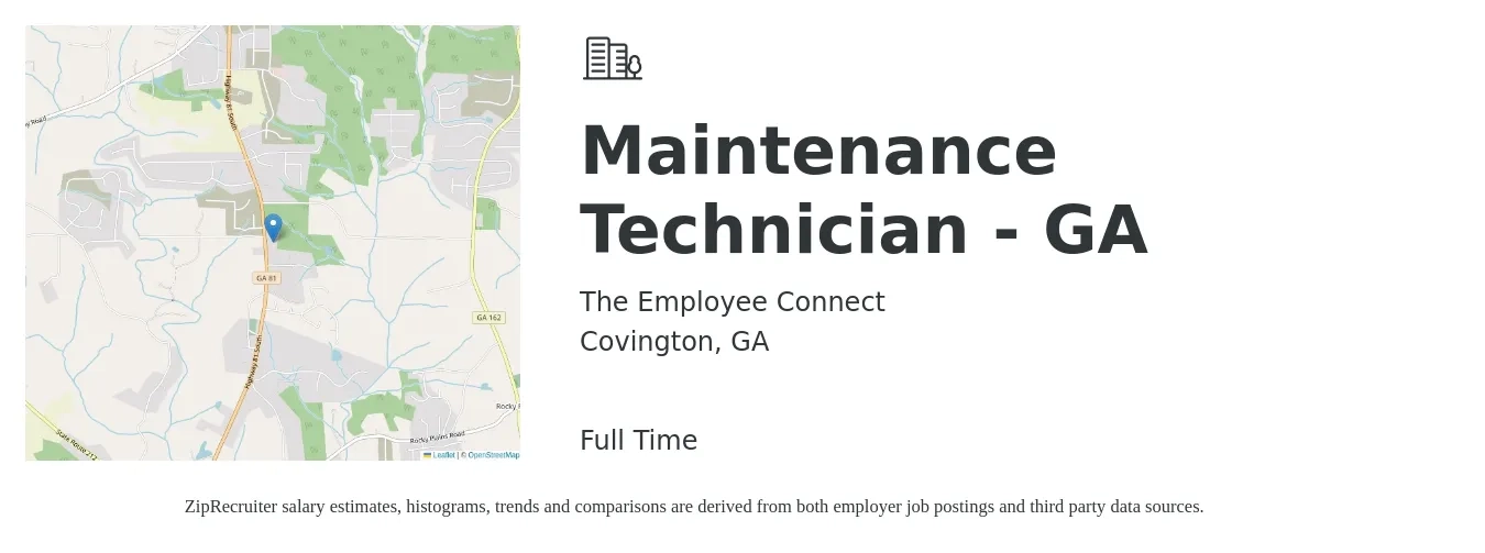 The Employee Connect job posting for a Maintenance Technician - GA in Covington, GA with a salary of $16 to $23 Hourly with a map of Covington location.