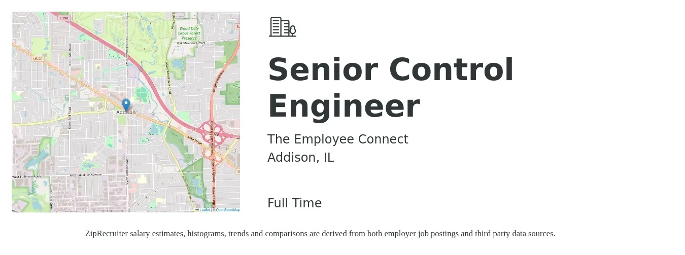The Employee Connect job posting for a Senior Control Engineer in Addison, IL with a salary of $167,300 to $173,300 Yearly with a map of Addison location.