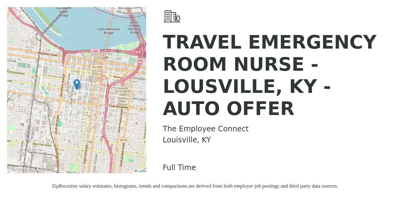 The Employee Connect job posting for a TRAVEL EMERGENCY ROOM NURSE - LOUSVILLE, KY - AUTO OFFER in Louisville, KY with a salary of $1,942 Weekly with a map of Louisville location.