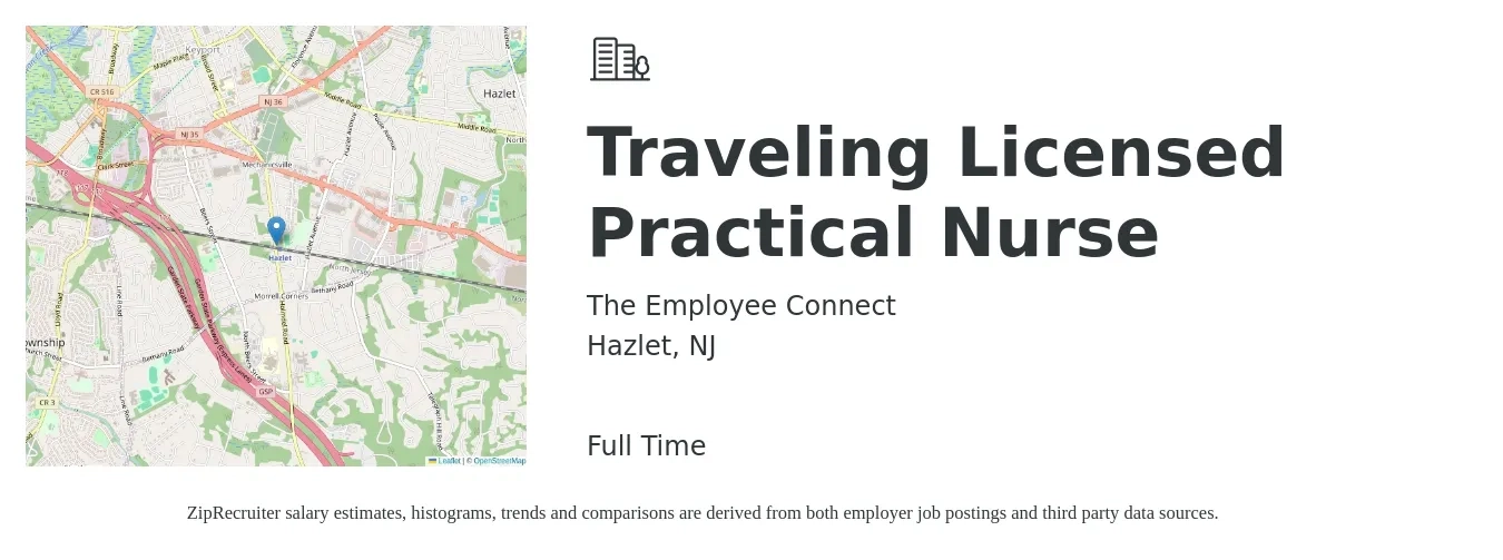 The Employee Connect job posting for a Traveling Licensed Practical Nurse in Hazlet, NJ with a salary of $26 to $36 Hourly with a map of Hazlet location.