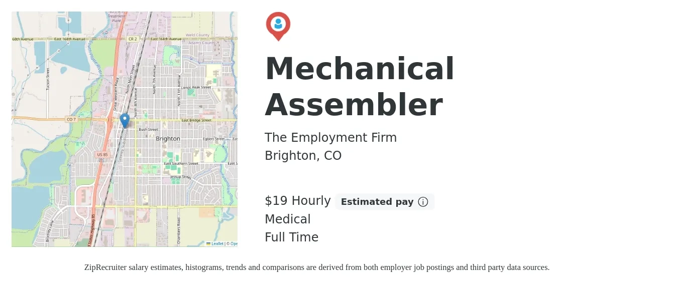 The Employment Firm job posting for a Mechanical Assembler in Brighton, CO with a salary of $20 Hourly and benefits including medical, and pto with a map of Brighton location.