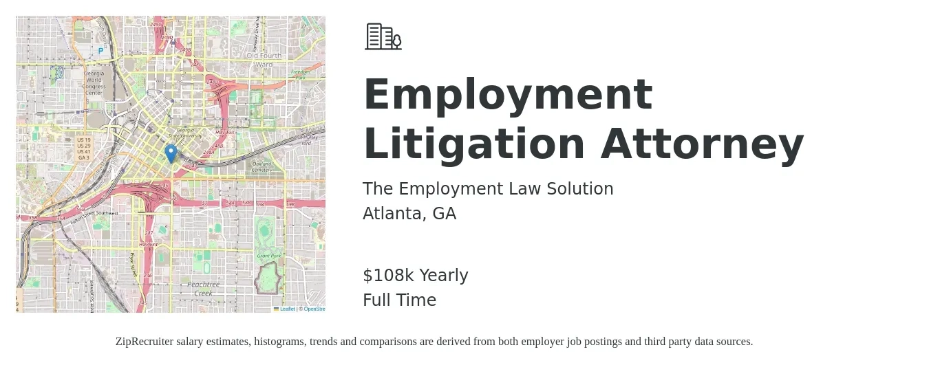 The Employment Law Solution job posting for a Employment Litigation Attorney in Atlanta, GA with a salary of $108,000 Yearly with a map of Atlanta location.