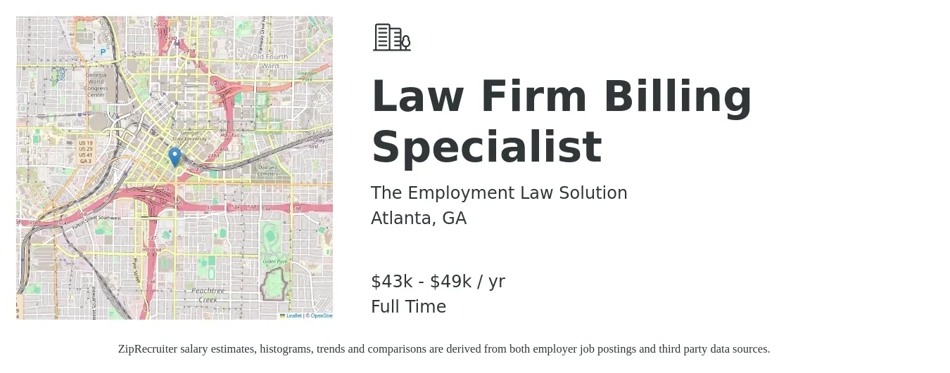 The Employment Law Solution job posting for a Law Firm Billing Specialist in Atlanta, GA with a salary of $43,680 to $49,920 Yearly with a map of Atlanta location.