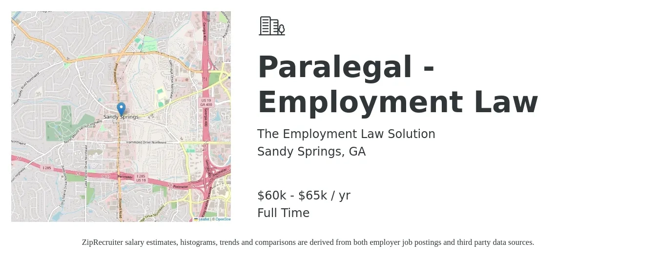 The Employment Law Solution job posting for a Paralegal - Employment Law in Sandy Springs, GA with a salary of $60,000 to $65,000 Yearly with a map of Sandy Springs location.