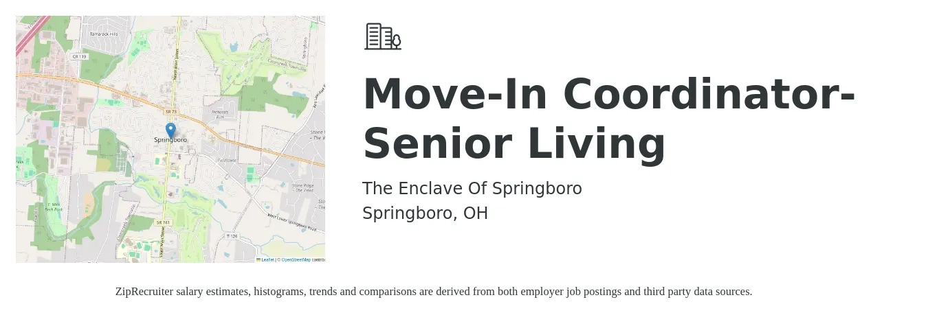 The Enclave Of Springboro job posting for a Move-In Coordinator- Senior Living in Springboro, OH with a salary of $42,800 to $72,300 Yearly with a map of Springboro location.