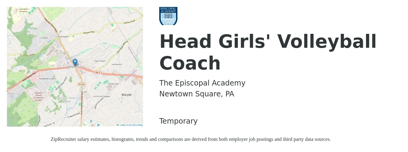 The Episcopal Academy job posting for a Head Girls' Volleyball Coach in Newtown Square, PA with a salary of $14 to $29 Hourly with a map of Newtown Square location.