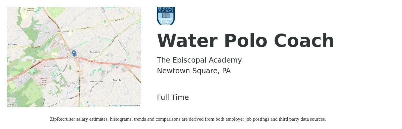 The Episcopal Academy job posting for a Water Polo Coach in Newtown Square, PA with a salary of $16 to $20 Hourly with a map of Newtown Square location.