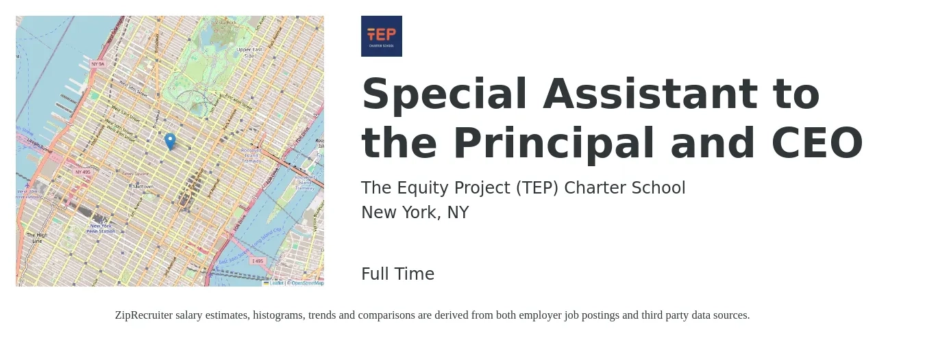 The Equity Project (TEP) Charter School job posting for a Special Assistant to the Principal and CEO in New York, NY with a salary of $60,000 to $70,000 Yearly with a map of New York location.