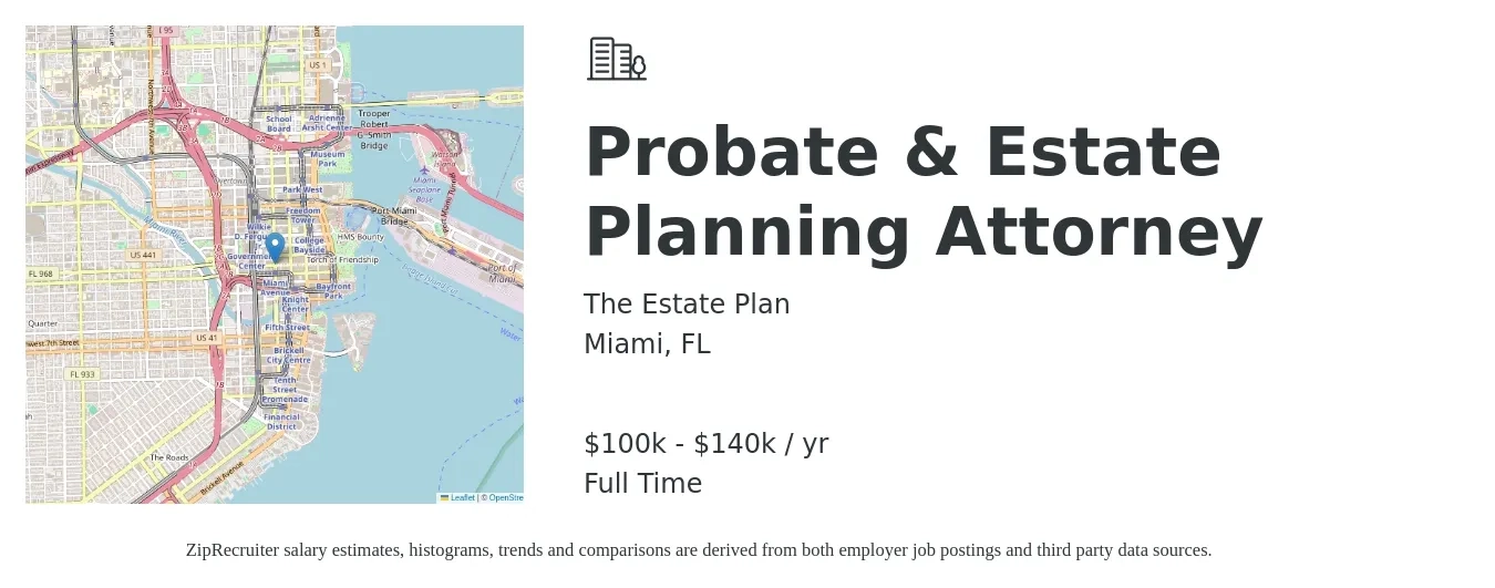 The Estate Plan job posting for a Probate & Estate Planning Attorney in Miami, FL with a salary of $100,000 to $140,000 Yearly with a map of Miami location.