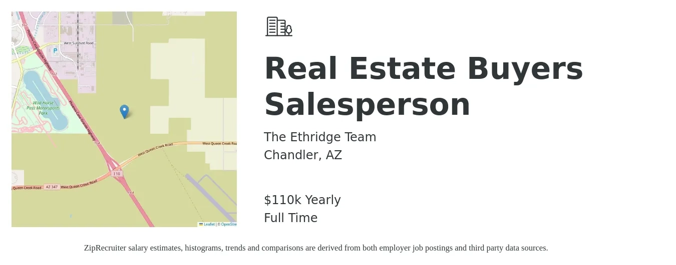 The Ethridge Team job posting for a Real Estate Buyers Salesperson in Chandler, AZ with a salary of $110,000 Yearly with a map of Chandler location.