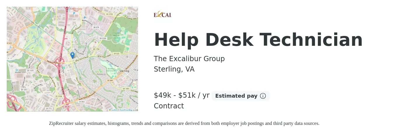 The Excalibur Group job posting for a Help Desk Technician in Sterling, VA with a salary of $49,000 to $51,000 Yearly with a map of Sterling location.