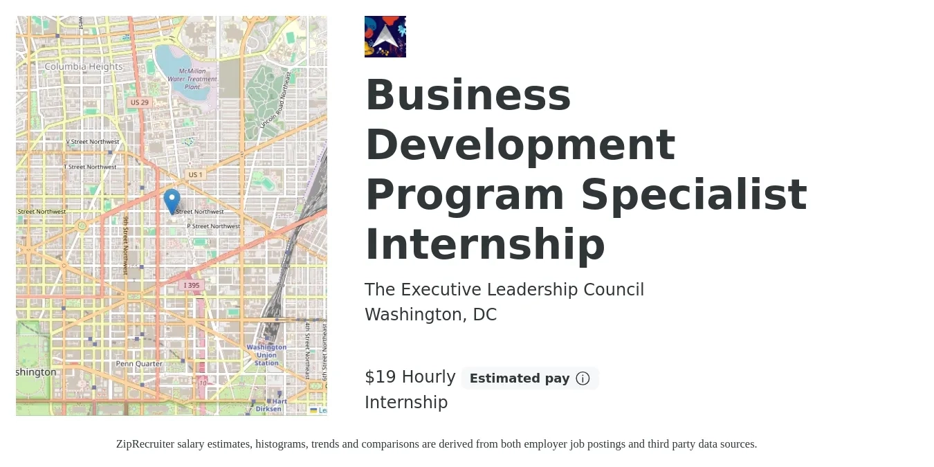 The Executive Leadership Council job posting for a Business Development Program Specialist Internship in Washington, DC with a salary of $20 Hourly with a map of Washington location.