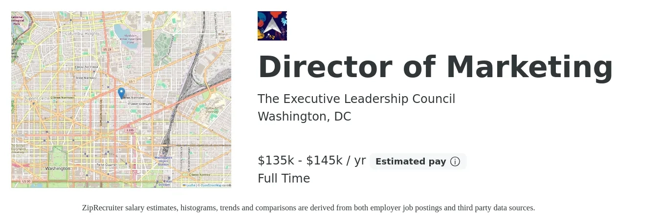 The Executive Leadership Council job posting for a Director of Marketing in Washington, DC with a salary of $135,000 to $145,000 Yearly with a map of Washington location.