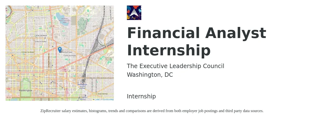 The Executive Leadership Council job posting for a Financial Analyst Internship in Washington, DC with a salary of $20 Hourly with a map of Washington location.